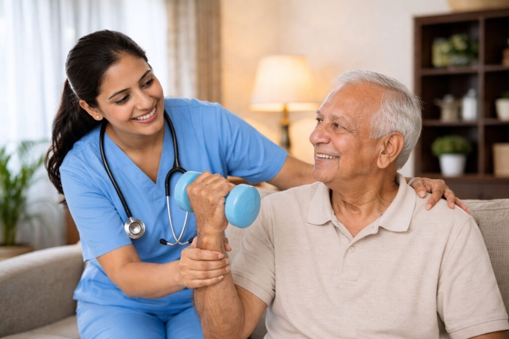 A trained caregiver assisting an elderly senior citizen with mobility exercises at home to improve strength, balance, and overall health. home care services.