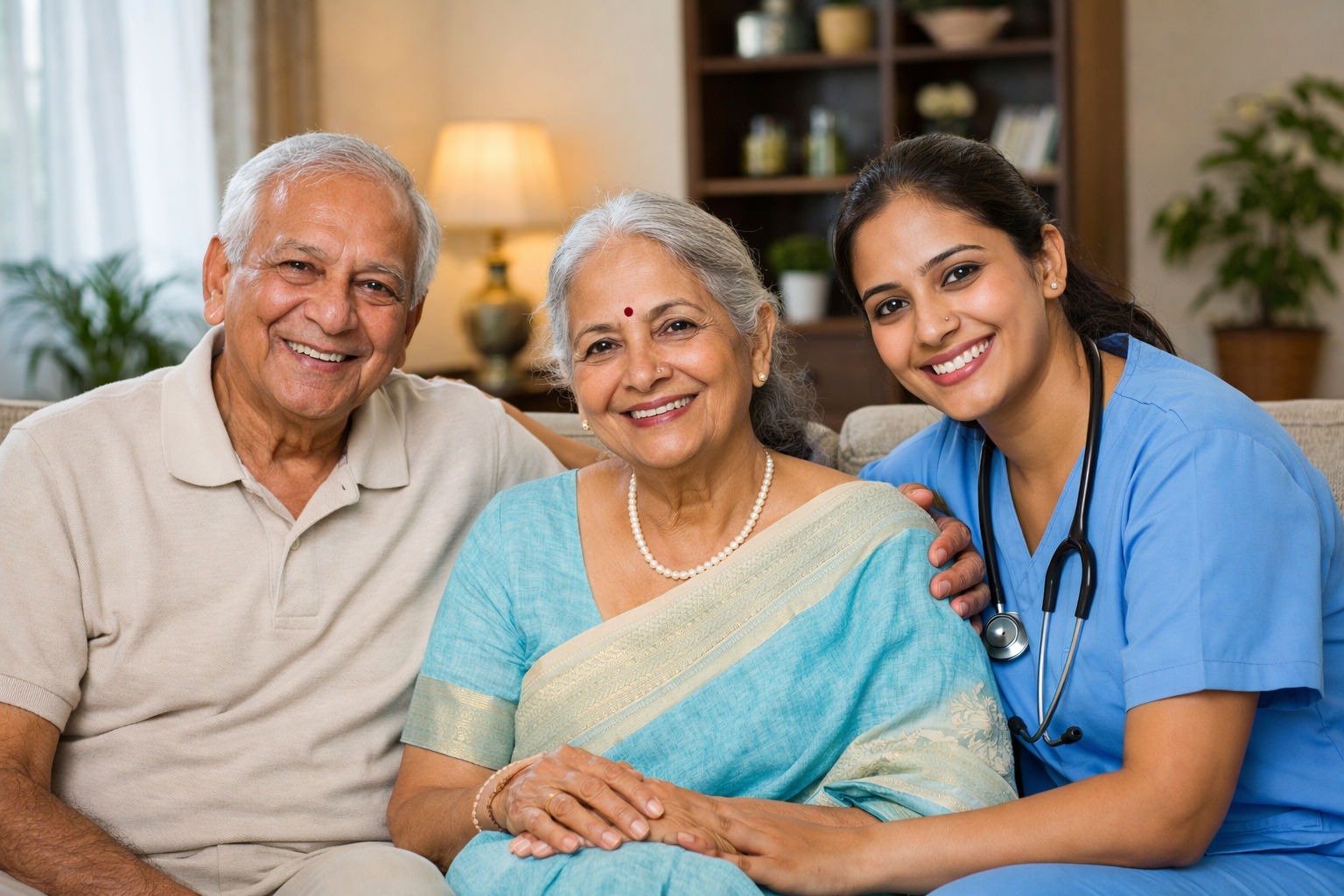 Elderly Indian couple smiling with professional caregiver at home in Vijayawada receiving compassionate senior care services. home care services.