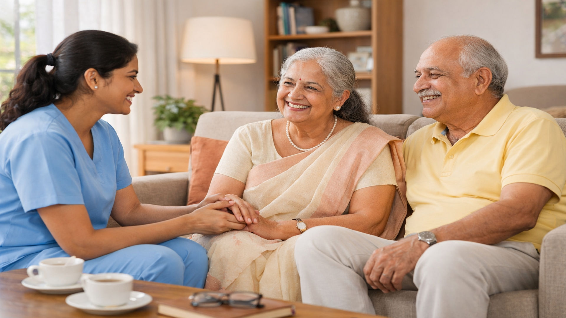 Professional caregiver providing elder care services at home in Guntur