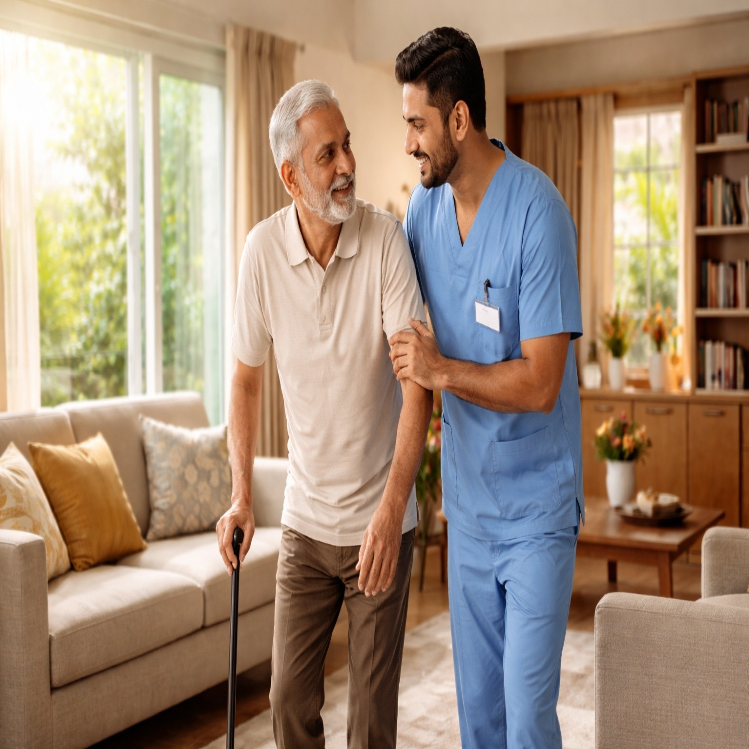 Male caretaker helping elderly man at home in Vijayawada